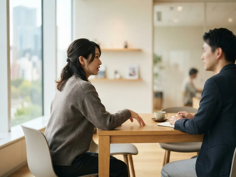 窓際の席で向かい合って対話する2人